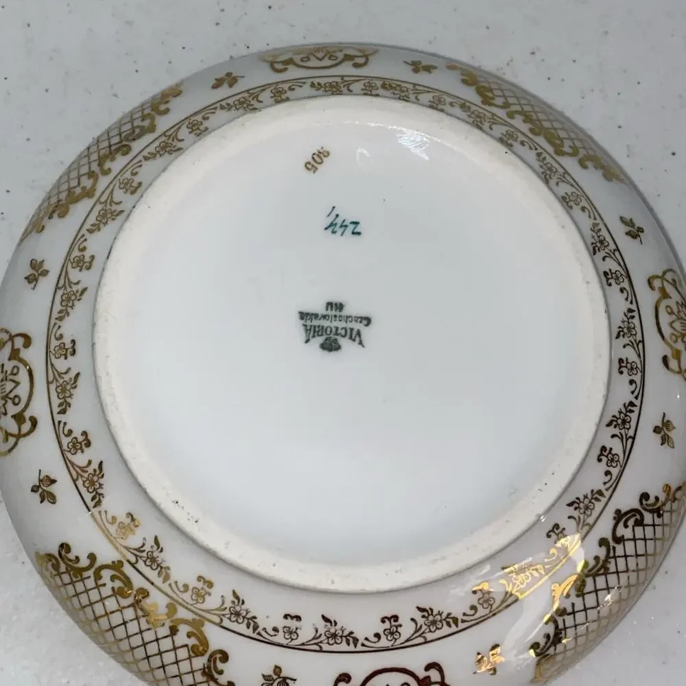 Vintage Victoria Czechoslovakia China Bowl Trinket Vanity Makeup Dish W/ Top Lid